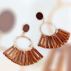 Boho Dangle Drop‎ Earrings Brown Wood Fan Geometric Statement Earrings
